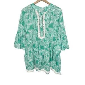 TRUE DESTINATIONS Women's Medium Cotton Cover Up Mini Dress Green Palm Leaf